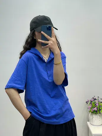 短袖t恤女宽松韩版潮ins韩风港味纯色连帽上衣工装设计感小众半袖商品大图