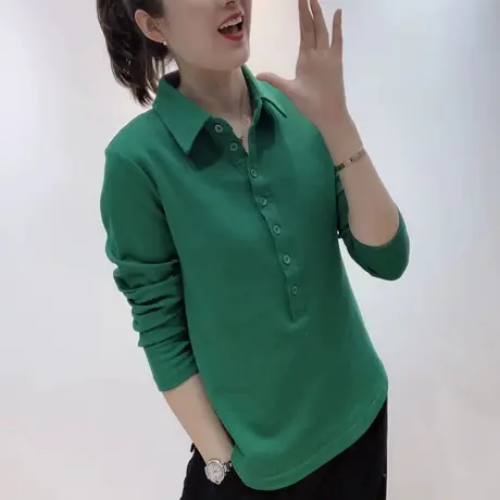 早春新款长袖T恤衫女2023韩版时尚简约百搭长袖POLO领宽松上衣潮商品大图