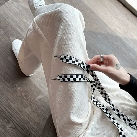 白色棋盘格阔腿裤女高腰春秋新款直筒宽松显瘦小个子休闲针织长裤商品大图