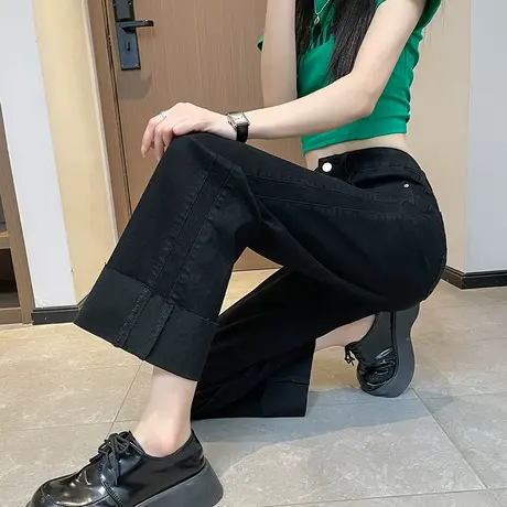 翻边阔腿牛仔裤女春秋新款高腰宽松加绒小个子九分黑色窄版直筒裤商品大图