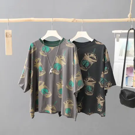 夏季新款文艺复古印花短袖t恤女2024圆领宽松大码上衣体恤衫女装商品大图