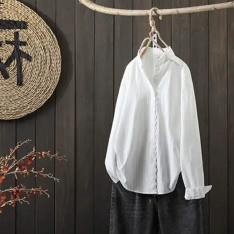 枫谜2021年春装新款文艺韩版花边全棉白衬衫女宽松全棉百搭上衣图片