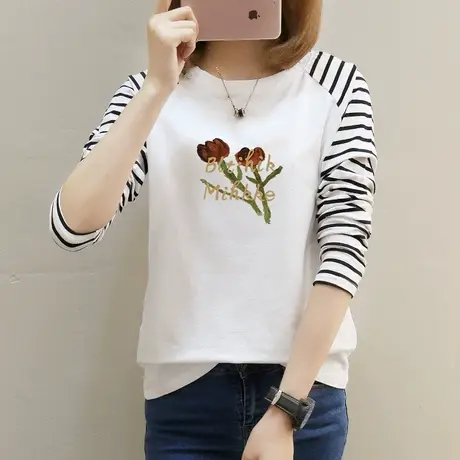 长袖郁金香纯棉T恤女2022年秋季新款韩版打底衫拼色插肩袖内搭潮图片