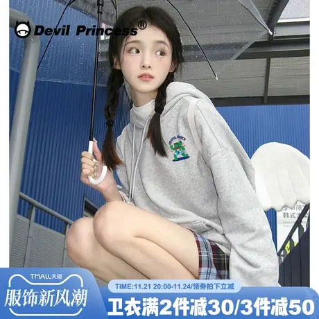 ulzzang小众卡通潮牌学院风灰色帽衫卫衣女宽松通勤百搭套头上衣商品大图