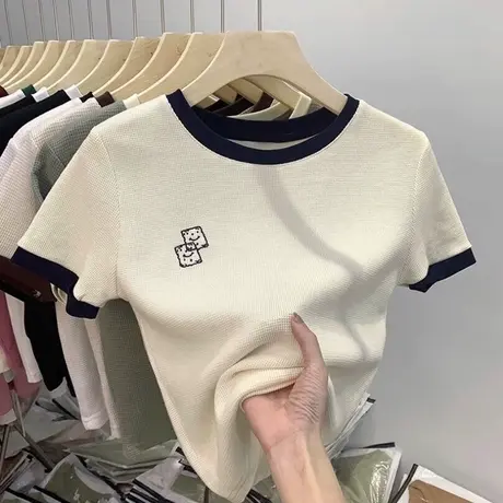 撞色正肩短袖T恤女夏季百搭修身显瘦短款小个子华夫格上衣半袖潮商品大图