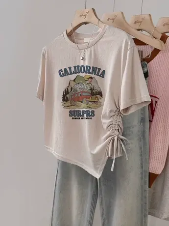 超火cec慵懒风不规则短袖t恤女遮肚子潮ins别致闺蜜装抽绳上衣夏商品大图