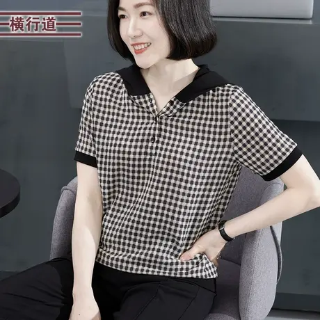 夏装连帽复古格子短袖宽松2025新款中年妈妈胖mm大码女装休闲t恤商品大图