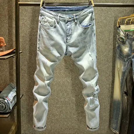 夏季浅色破洞牛仔裤男士修身弹力小脚裤高街潮牌手工磨烂长裤薄款商品大图