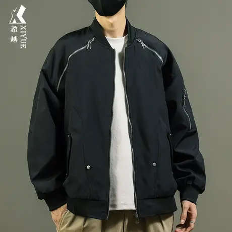 希越设计感防水拉链夹克外套男春秋宽松大码潮流时尚飞行员教练服商品大图