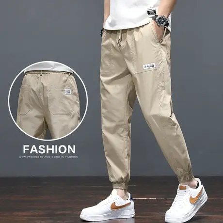 卡其色夏季薄款九分宽松紧腰束脚工装休闲裤子男士2024年新款潮牌商品大图