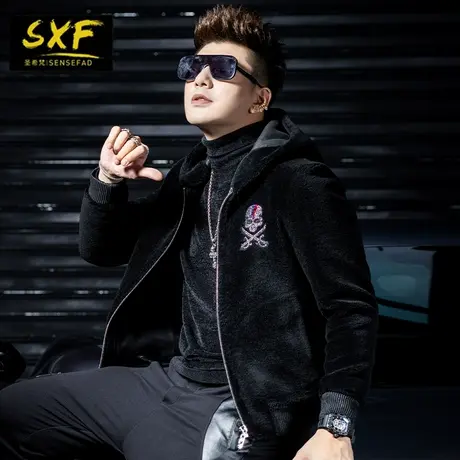 SXF圣希梵男士皮衣外套 连帽颗粒羊剪绒个性烫钻皮毛一体皮草男潮商品大图