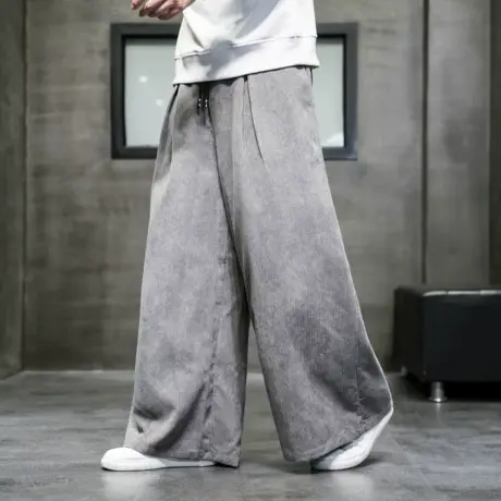 灯芯绒休闲裤男纯色中国风阔腿裤直筒复古垂感长裤加肥加大码宽腿图片