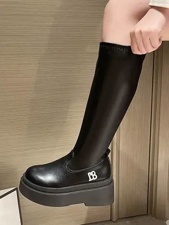 欧美不过膝高筒骑士靴女2023年春秋新款厚底潮流辣妹弹力瘦瘦长靴商品大图