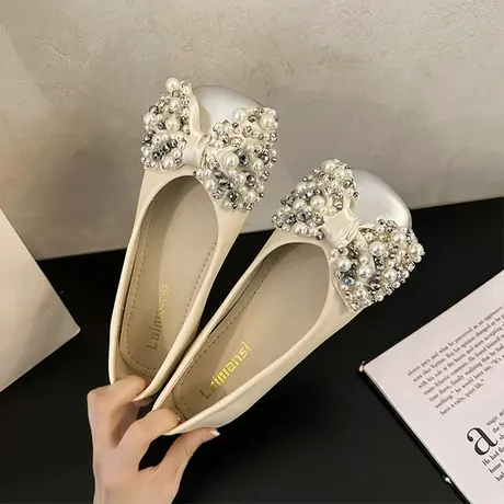 方头平底单鞋女2023年新款温柔风气质水钻蝴蝶结一脚蹬復古奶奶鞋商品大图