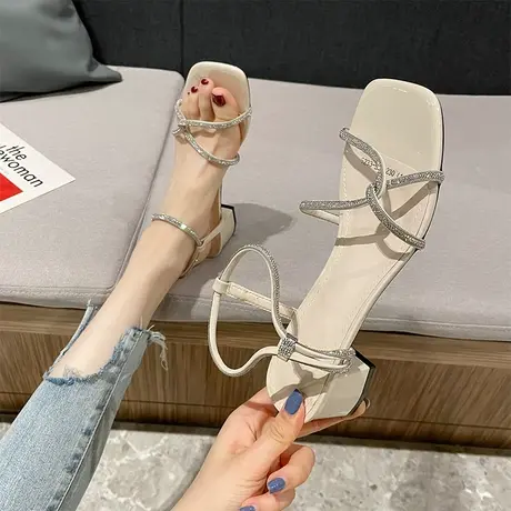 水钻凉鞋女粗跟2024年夏季新款设计感小众露趾仙女风一字带高跟鞋图片