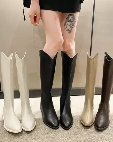 西部牛仔靴2023年新款白色骑士靴长靴女靴子高筒靴粗跟尖头长筒靴商品大图