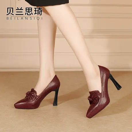 真皮蝴蝶结尖头中口细跟单鞋2025春秋季新款百搭女鞋防水台高跟鞋图片