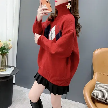 新年红色菱形高领毛衣女套头2023年新款秋冬宽松加厚百搭针织上衣商品大图