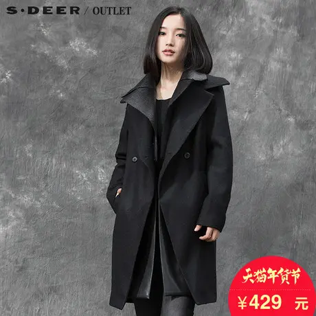 sdeer圣迪奥女2017冬装一粒扣双层翻领收腰大衣毛呢外套S15481766图片