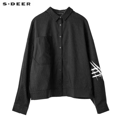 sdeer圣迪奥休闲翻领黑白条纹贴袋拼接撞色印胶长袖衬衫S18480552图片