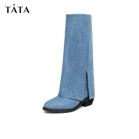 【女鞋清仓合辑】Tata他她炸街牛仔裤管靴女高跟显瘦高筒靴长筒靴图片