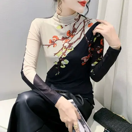 复古半高领长袖网纱拼色印花植物染洋气内塔上衣女修身T恤打底衫图片