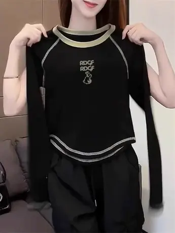 设计感小众撞色磨毛长袖T恤女秋冬内搭保暖打底衫修身显瘦上衣春商品大图