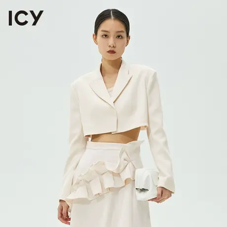 icy春秋新款纯色翻领长袖链条短西装女【OUT OF CHAOS设计】图片