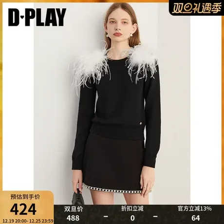 DPLAY【黑标】年春新圆领黑色肩部羽毛装饰100羊毛针织毛衣女商品大图