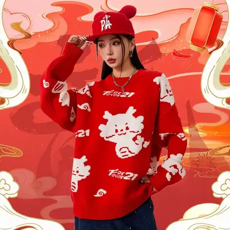 Nuthink国潮龙年本命年红色毛衣加厚情侣新年春节潮牌宽松衣服商品大图