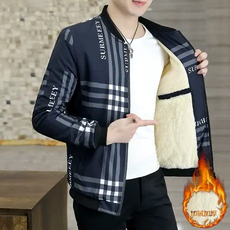 秋冬外套男士加绒加厚格子印花夹克大码青年棒球服修身上衣服褂子商品大图