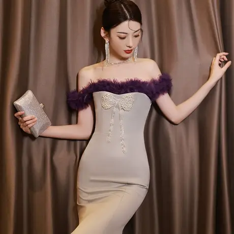 女士晚礼服连衣裙气质高级感性感鱼尾女宴会主持人年会一字肩大牌图片