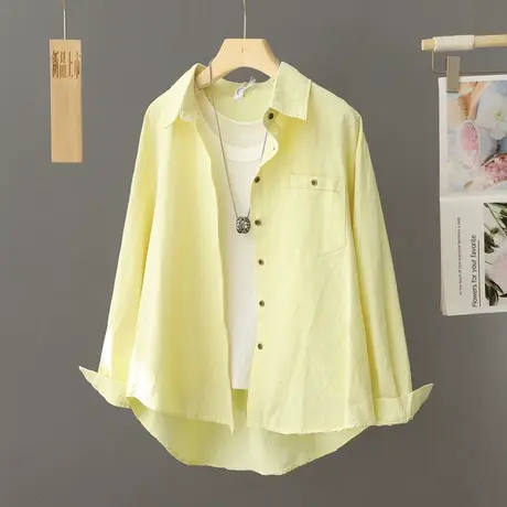 2024年春装新款黄色休闲纯棉衬衫女薄款外套春秋前短后长衬衣上衣图片