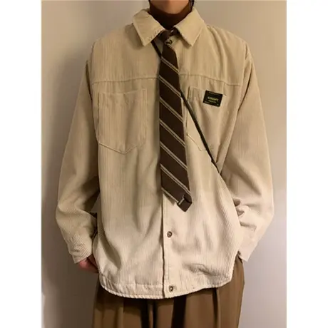 灯芯绒衬衫男长袖春秋款日系潮流学生休闲外套潮牌高级感领带衬衣商品大图