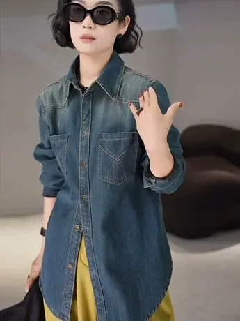 港风牛仔加绒衬衫叠穿女秋冬季复古内搭加厚正肩衬衣渐变色外套潮图片