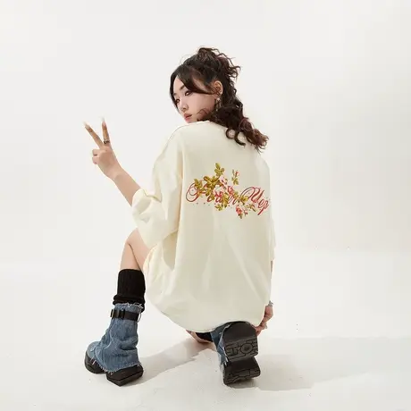 YEP国潮印花短袖t恤女春夏2024年新款复古情侣装宽松oversize上衣商品大图