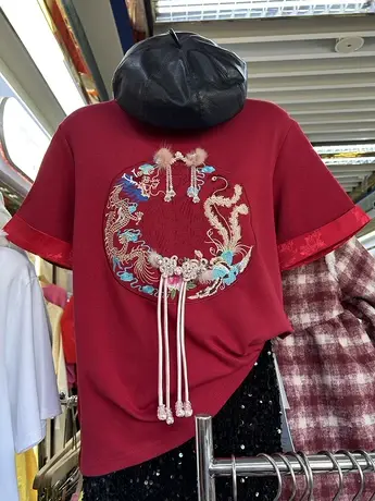 新中式刺绣T恤短袖女2024春季圆领设计感拼接中长款宽松洋气上衣图片