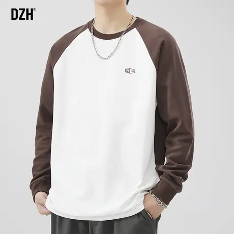 男士拼接长袖t恤男圆领春季潮牌套头打底衫上衣宽松2024新款男装商品大图
