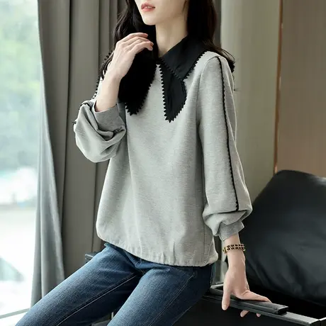 宝诗黎娃娃领拼接慵懒卫衣2023春季新款休闲女装韩版圆领套头上衣商品大图