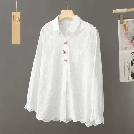 蕾丝刺绣蝴蝶结衬衫女长袖打底衫百搭宽松早春秋上衣纯棉甜美衬衣商品大图