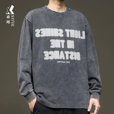希越重磅水洗长袖T恤男2024春季款美式复古宽松大码男士纯棉卫衣商品大图