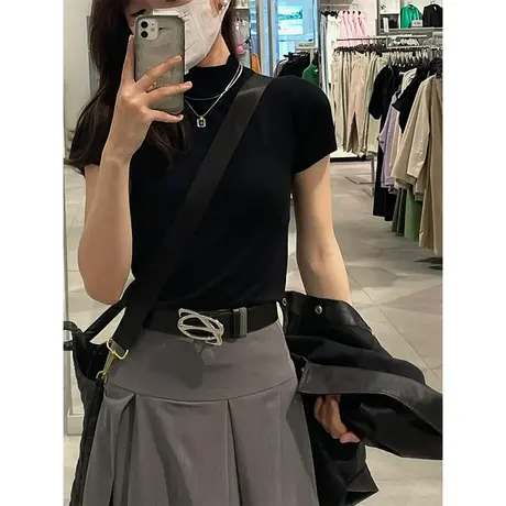 正肩短袖t恤女夏季新款设计感修身显瘦小个子别致短款针织衫上衣商品大图