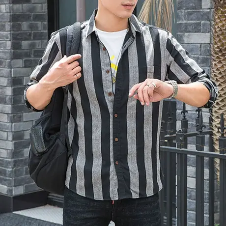 男士长袖衬衫时尚粗条纹打底上衣服潮流休闲褂子秋季薄款帅气衬衣图片