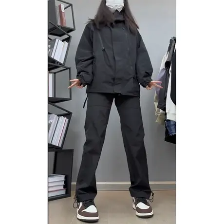 黑色直筒工装裤男秋冬款cleanfit美式高街户外冲锋裤抽绳束脚裤子图片