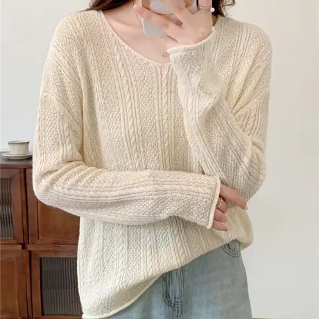 2024年春季新款v领亮片纯色针织衫宽松薄款百搭显瘦打底衫上衣女商品大图