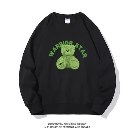 美式潮牌绿色小熊印花卫衣男秋冬新款青少年宽松圆领套头上衣图片