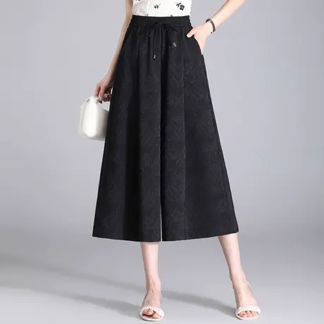 提花裙裤阔腿裤女春夏2024新款松紧腰宽松垂感七分裤休闲大脚裤子商品大图