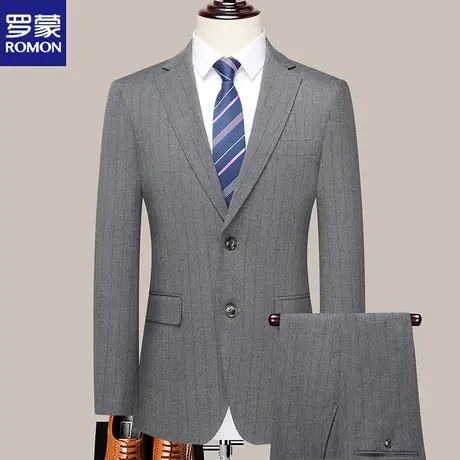 罗蒙条纹西服套装男两件套修身西装男商务休闲韩版新郎伴郎服礼服图片