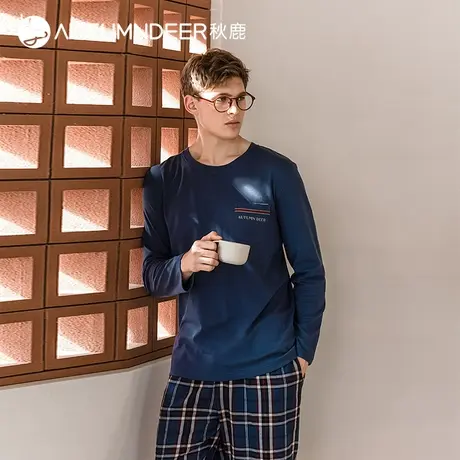 秋鹿春秋款男士大码睡衣长袖可外穿圆领休闲简约全棉家居服套装秋图片