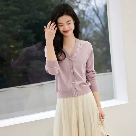 时尚气质淑女针织开衫2023春季新款温柔甜美显瘦通勤V领打底衫商品大图